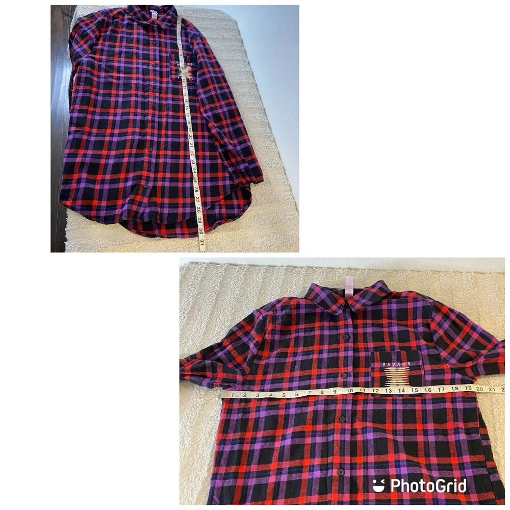Savage Fenty Night Star Chaser Flannel Sleep Top‎ Red Purple Black Women’s 8-10 - Picture 8 of 8